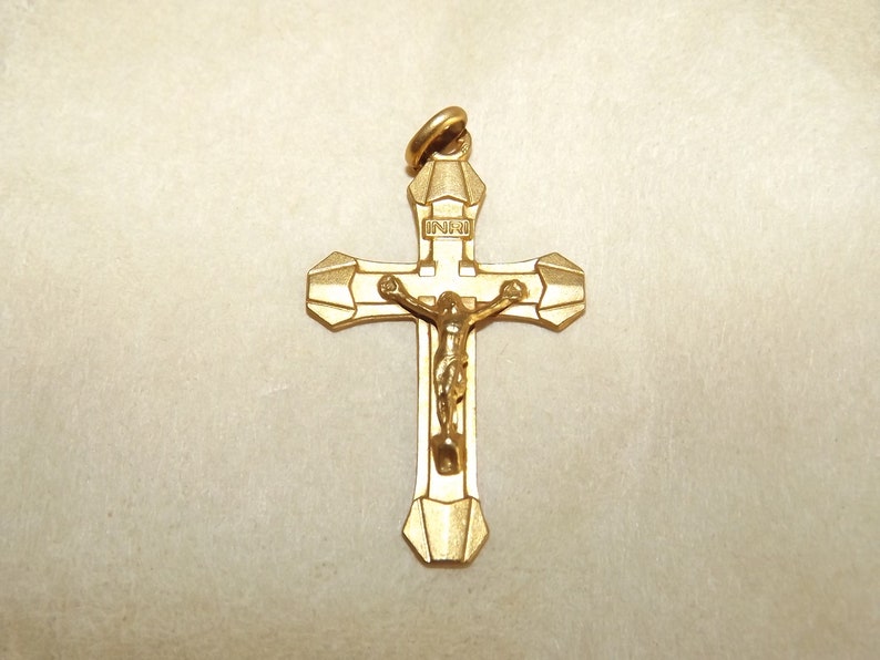 Beautiful Vintage French Gold Plated Cross Pendant - Lourdes Souvenir - Gold Crucifix Necklace Cross Jesus Christ -Art Deco Cross image 1