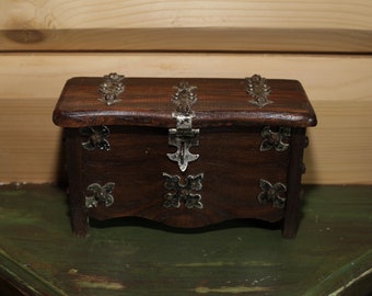 Vintage French Wooden Box - Medieval Style Treasure Box - Fleur de Lys Metal Hinges Jewelry Box - Art Populaire