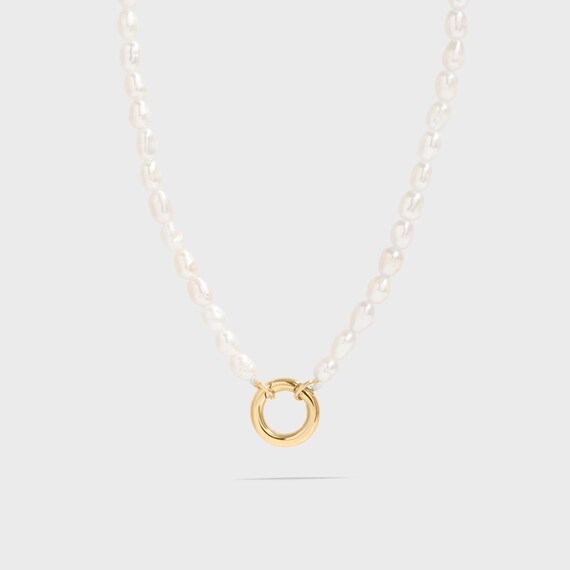 Freshwater Pearl Charm Holder Necklace, 18K Gold PVD, Dainty Layering Necklace, Gift for Her, Minimalist Jewelry