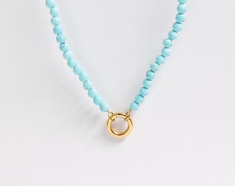 Semi Precious Beaded Carabiner Charm Holder Necklace, Waterproof, Hypoallergenic, Charm Necklaces for Women, 18K Gold PVD Stainless Steel