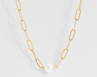 Paperclip Pearl Necklace, 18K Gold PVD Stainless Steel Paperclip Necklace, Waterproof, Hypoallergenic, Tarnish-proof, Modern Jewelry