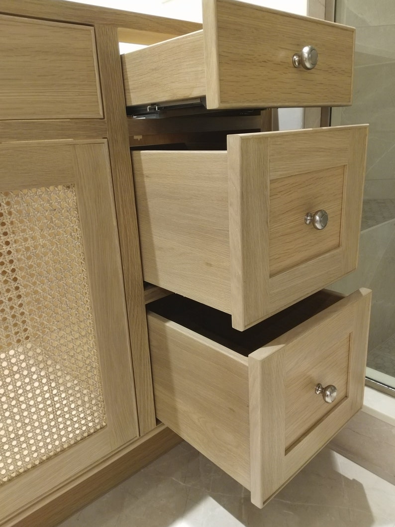 White oak vanity with cane webbing panel doors Etsy