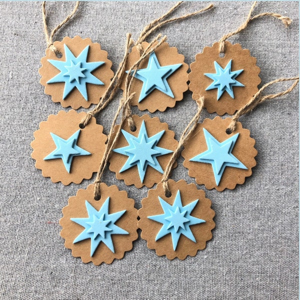 Blue Star Gift Tags / Handmade Brown Kraft Card Labels / Foam Paper Present Tags with Jute String