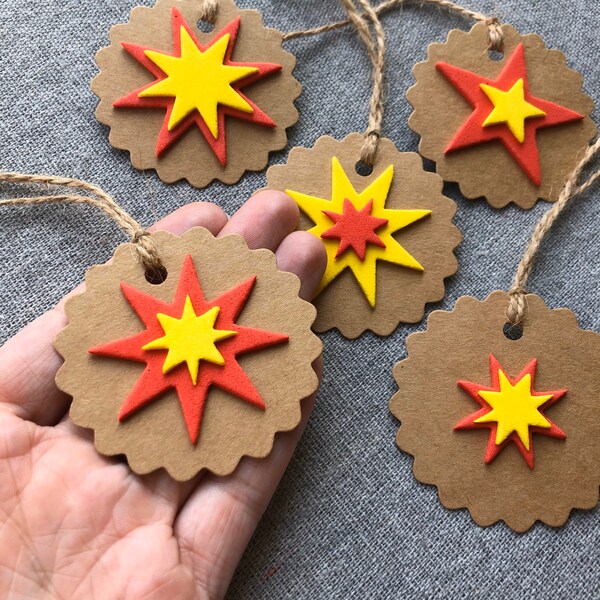 Christmas Star Gift Tags / Brown Kraft Card Labels / Handmade Glitter Foam Paper Present Tags with Jute String