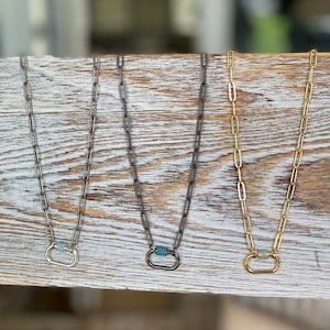 Paper clip chain choker with carabiner clasp with turquoise detail