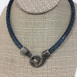 Genuine python blue leather wrap choker with hammered silver swirl clasp