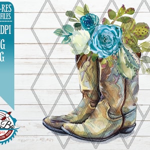 Country Cowgirl Boots Boho Blue Rose Flower Feather clipart Png instant download, waterslide sublimation graphics designs  cameo cricut