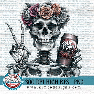 Skelett Schädel Dr Pepper Peace Zeichen bis zum Tod PNG Aquarell Clipart, sofortiger Download, Sublimationsgrafiken