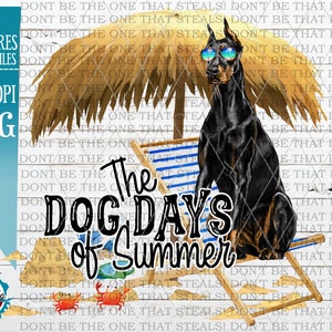 The Dog Days of Summer Palm Trees Beach Doberman Dog clipart PNG instant download, waterslide, sublimation graphics designs