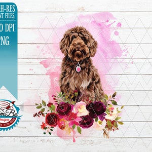 Clipart Doodle Labradoodle Goldendoodle Dog Flowers Acquerello, download istantaneo Grafica sublimatica, stampa e taglio PNG JPG Cricut Silhouette