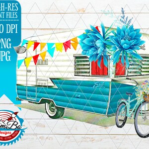 Retro Shasta Camper Blue bicycle clipart, instant download, Sublimation graphics, PNG JPG Cricut Silhouette not svg