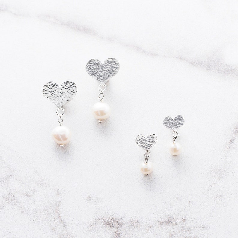 Pearl Anniversary Gift Statement Studs Pearl Heart Earrings Hammered Silver Earrings Dangly Pearl Earrings Freshwater Pearl Earrings