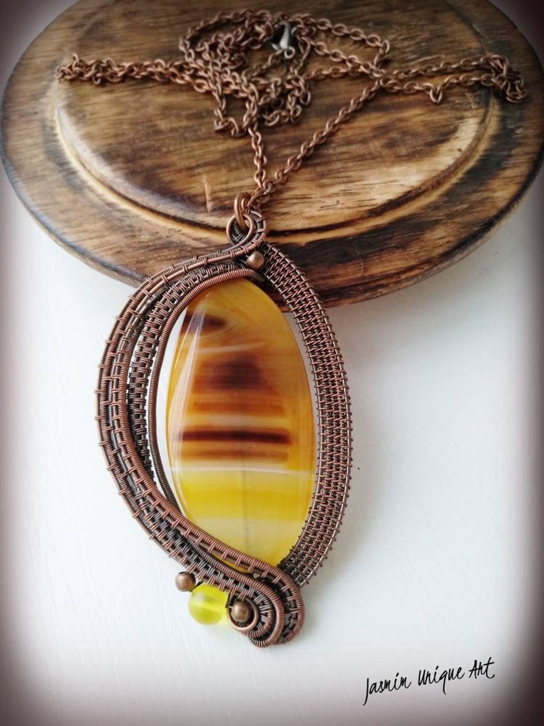 Yellow agate pendant Wire wrapped agate necklace Long chain Etsy