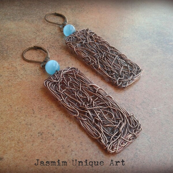 wire waved earrings, copper earrings, rectangular earrings, unique earrings, blue earrings, cat's eye bead earrings, perfect gift for women