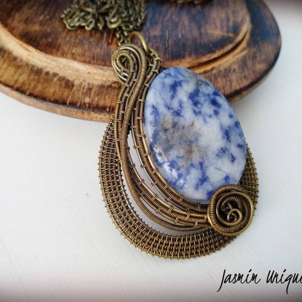 SOLD!! blue sodalite wire wrapped pendant, sodalite brass necklace, brass oval sodalite necklace, handmade necklace, gift for her,