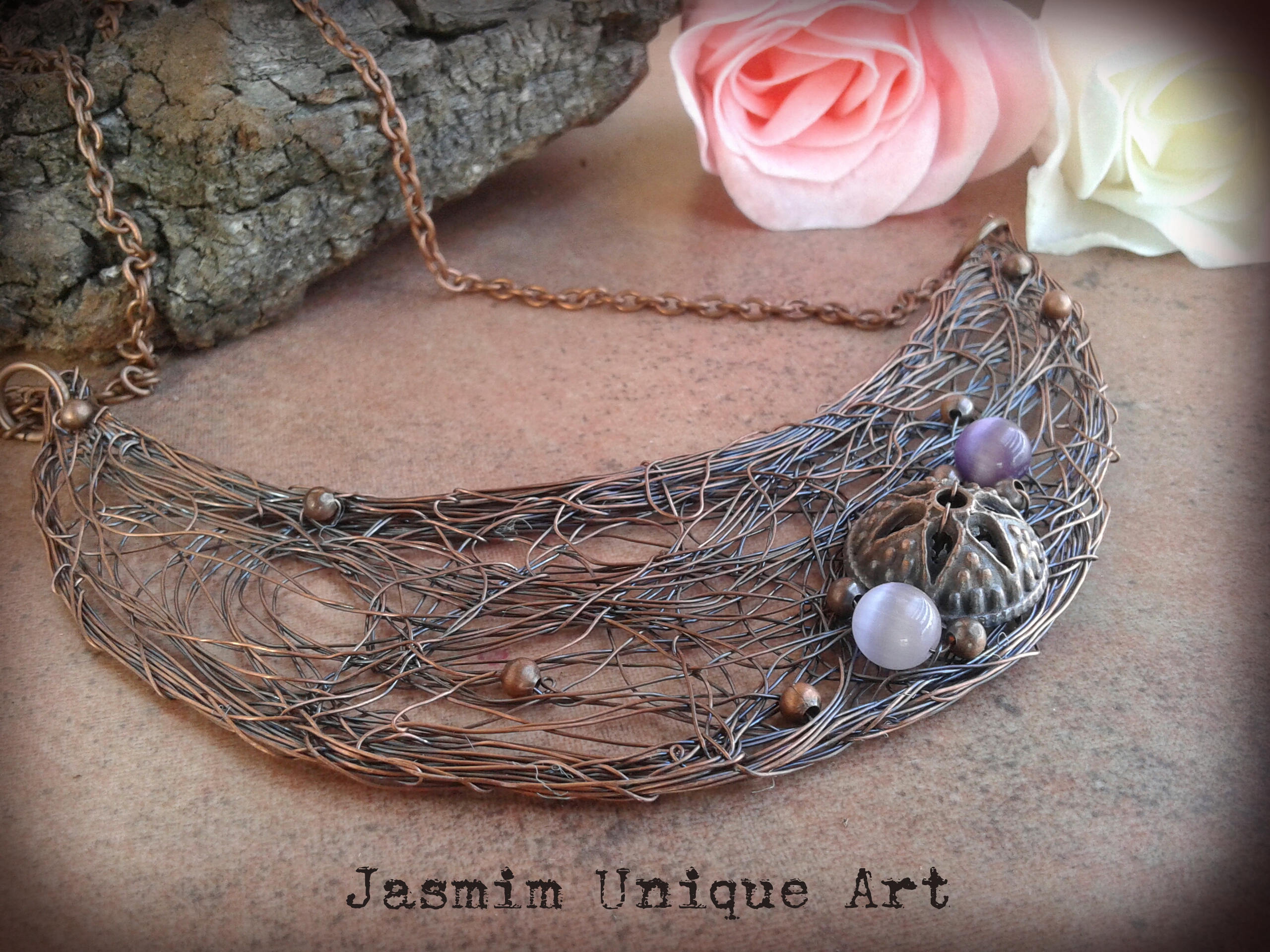 Lilac violet copper bib necklace Wire wrapped copper bib Etsy