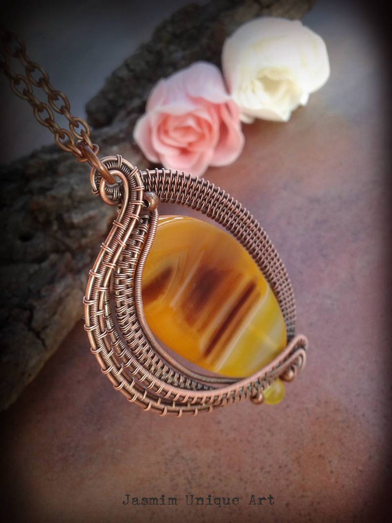 Yellow agate pendant Wire wrapped agate necklace Long chain Etsy