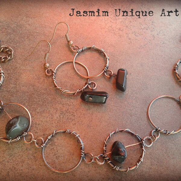 Black onyx jewelry set Wire wrapped copper onyx jewelry set Black onyx bracelet Black onyx earrings Copper onyx bracelet earrings for her
