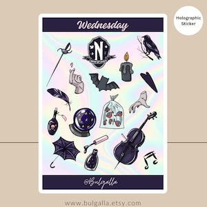 Wednesday Sticker Sheet | Holographic Vinyl | Journal/ Scrapbook/ Planner Sticker | Adams Family inspired Stickers | Halloween Stickers