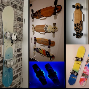 Die maßangefertigte Wandhalterung für Dein Snowboard oder Longboard für eine waagrechte, senkrechte oder diagonale Wandmontage. Bild 1