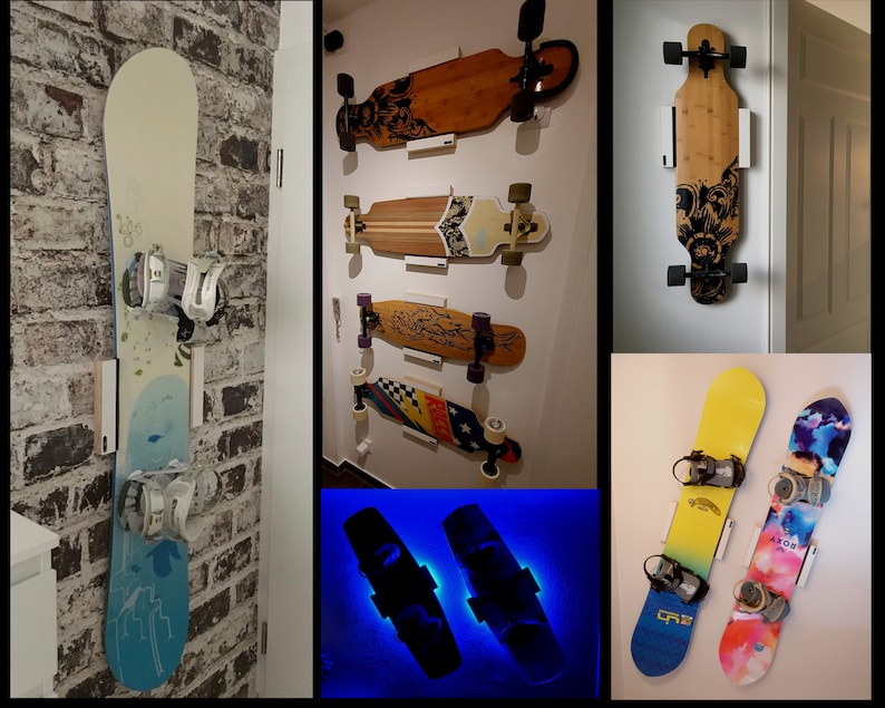 Die maßangefertigte Wandhalterung für Dein Snowboard oder Longboard für eine waagrechte, senkrechte oder diagonale Wandmontage. Bild 1