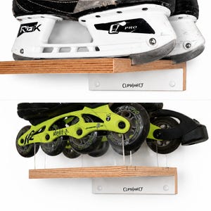 Support mural flottant pour patins de hockey sur glace et patins en ligne – Étagère murale pour patins en bois et plexiglas – Fabriquée à la main en Bavière