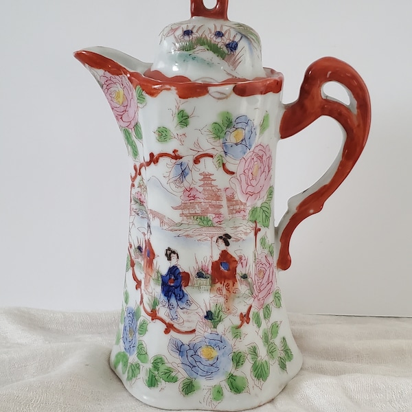 Antique Japanese Porcelain Teapot With Lid Handpainted Geisha Nippon Japanese Chocolate Coffee Pot