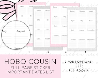 H061 List Important Dates One Page Hobonichi Cousin A5 Full Page Planner Stickers