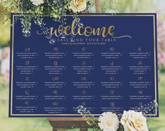 Seating chart alphabetical, Wedding seating chart template, Navy Gold wedding seating sign