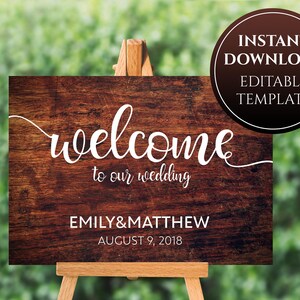 Wooden Wedding Welcome Sign, Printable Wood Sign Template, Rustic ...