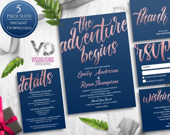 Rose Gold and Navy Invitation Printable Wedding Invitation Template Set, Rose Gold and Navy Blue, Rose Gold Foil, DIY Invitation Templates