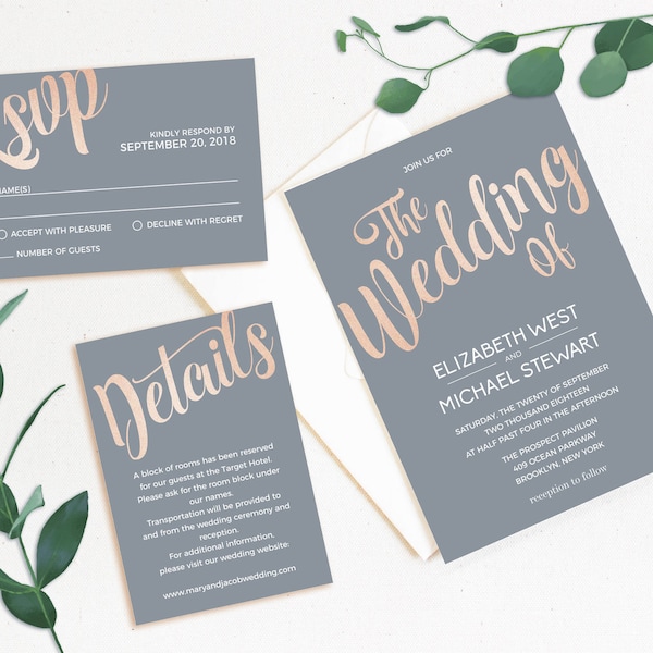 Rose Gold Gray Wedding Invitation Template Set Printable Rose Gold Foil Invitation -  Calligraphy Wedding Invitation - Printable invitation