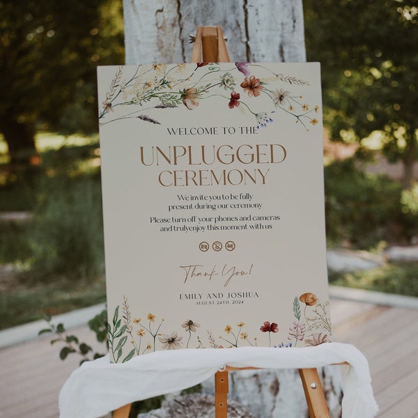 Unplugged wedding ceremony sign, Beige Floral Wedding Sign, Wildflower Wedding Sign, Boho wildflower wedding stationery #Mila