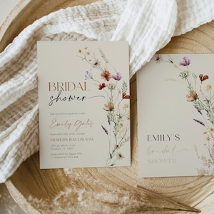 Bridal Shower Invitation, Boho Floral Bridal Shower Invitation, Wildflower Invitation, Boho Beige invitation template #Mila