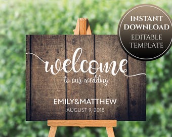 Wood Welcome Wedding Sign, Printable Wooden Sign, Wood Wedding Signs, Calligraphy Sign, Editable Template, Instant Download, DIY wood sign
