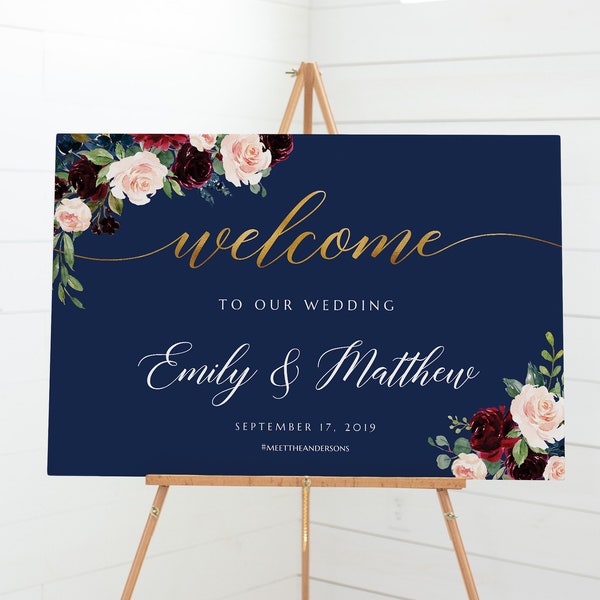 Welcome sign wedding, Boho Welcome sign navy, Navy burgundy wedding welcome sign template, Bohemian wedding #NRG020SUITE