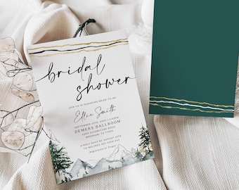 Bridal shower invitation template, Mountains bridal shower invitation, Mountains and pine forest theme with gold #MNT022VSD