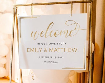 Welcome sign wedding, Gold welcome sign, Wedding welcome sign modern, Printable welcome sign, Welcome to our beginning sign #GLD019BND