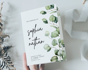 Hochzeitsprogramm-Vorlage, gefaltetes Hochzeitsprogramm, Booklet-Programm, Greenery Eukalyptus-Hochzeitsprogramm #green022