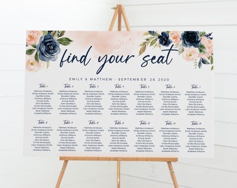 Seating chart wedding, Navy and blush seating chart template with watercolor flowers and floral, Seating chart sign #NVB020WBD