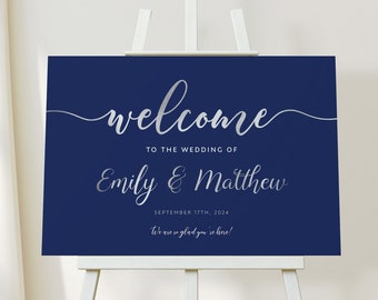 Navy silver wedding sign, Welcome sign template, Wedding welcome sign #NS019BND