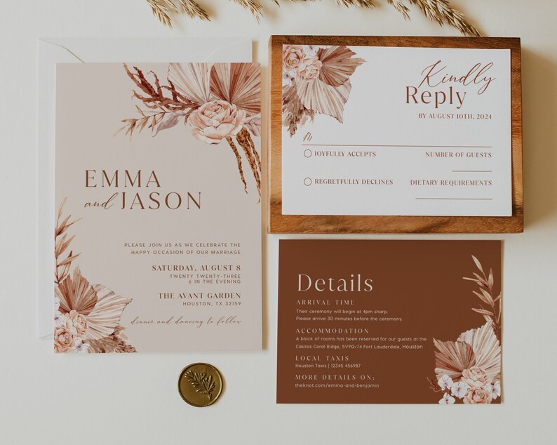 Beige Wedding invitation Pampas wedding invitation Invitation template DIY wedding invitation set Boho wedding invitation