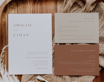 Terracotta wedding invitation suite, Modern wedding invitation set, Invitation template, Instant download  #mod021tr