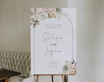 Sage Wedding welcome sign, Wedding welcome sign template, Boho Wedding welcome sign in sage green color and boho pampas grass #sage023