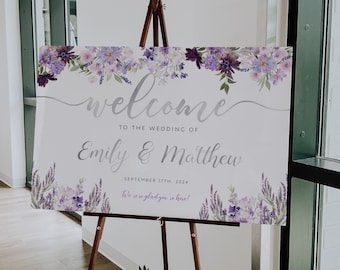 Lavender Welcome sign, Wedding welcome sign template, Lavender, purple and silver wedding sign, Purple silver welcome sign #lav022
