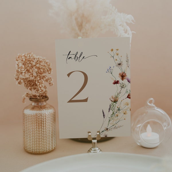 Wedding Table Number Sign, Beige Table Number template, Floral wedding table numbers, Boho wildflower wedding stationery #Mila