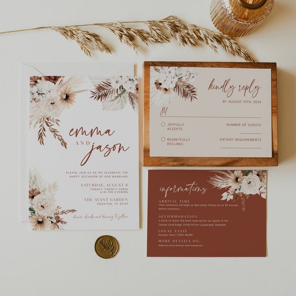 Boho Terracotta Invitation, Wedding invitation pampas, Terracotta wedding invitation, Boho Wedding invitation template