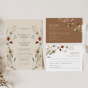 Boho Invitation set, Beige and Terracotta Wedding Invitation, Floral wedding Invitation set, Invitation template #Mila