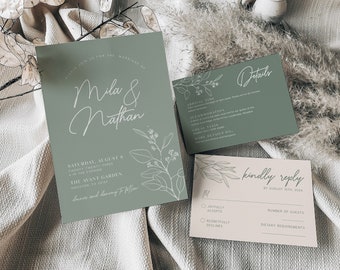 Minimalist Wedding Invitation, Sage wedding invitation set, Sage green invitation, Botanical Wedding invitation template, Floral invitation