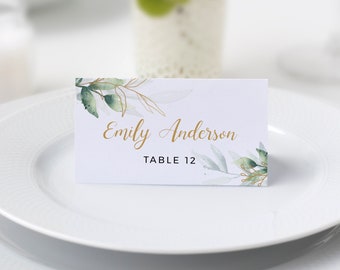 Elegant place cards template wedding, Tent cards, Name cards template, Greenery place card, Gold place cards wedding